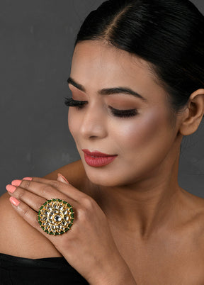 Classic Gold Tone Kundan Inspired Pearl Beaded Adjustable Ring - Indian Silk House Agencies