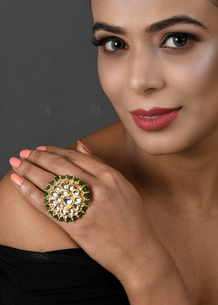 Classic Gold Tone Kundan Inspired Pearl Beaded Adjustable Ring - Indian Silk House Agencies