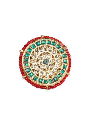 Green Beaded Gold Tone Adjustable Kundan Ring - Indian Silk House Agencies