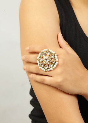 Classic Gold Tone Kundan Inspired Pearl Beaded Adjustable Ring - Indian Silk House Agencies