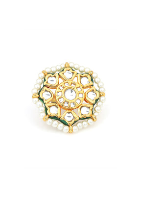 Classic Gold Tone Kundan Inspired Pearl Beaded Adjustable Ring - Indian Silk House Agencies