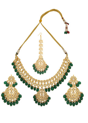 Green Kundan Work Copper And Alloy Necklace With Earrings And Mangtika - Indian Silk House Agencies