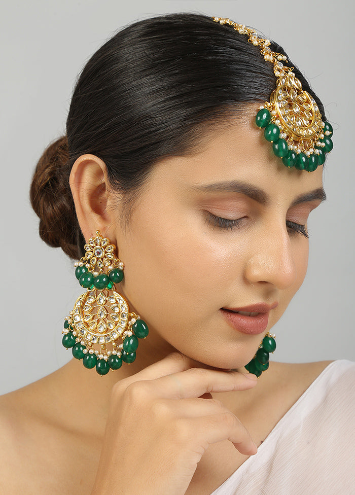 Green Kundan Work Copper And Alloy Earrings With Mangtika - Indian Silk House Agencies