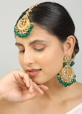 Green Kundan Work Copper And Alloy Earrings With Mangtika - Indian Silk House Agencies