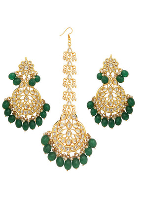 Green Kundan Work Copper And Alloy Earrings With Mangtika - Indian Silk House Agencies