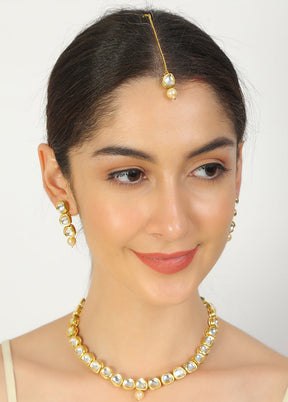 Golden Kundan Work Copper And Alloy Necklace With Earrings And Mangtika - Indian Silk House Agencies