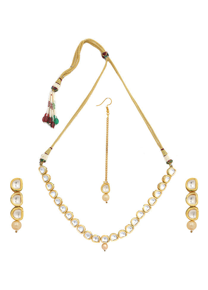 Golden Kundan Work Copper And Alloy Necklace With Earrings And Mangtika - Indian Silk House Agencies