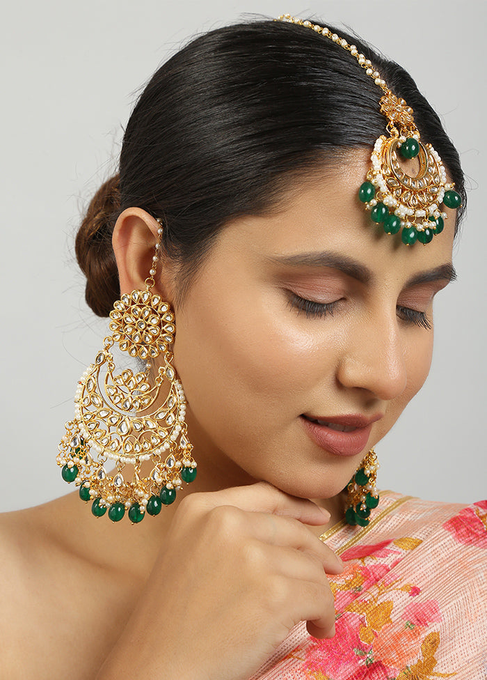 Green Kundan Work Copper And Alloy Earrings With Mangtika - Indian Silk House Agencies