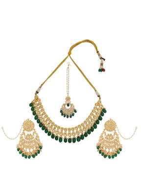 Green Kundan Work Copper And Alloy Necklace With Earrings And Mangtika - Indian Silk House Agencies