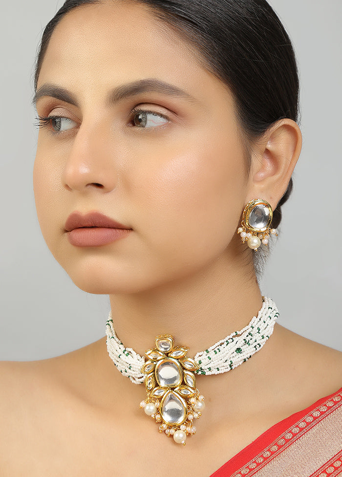 White Kundan Work Copper And Alloy Necklace With Earrings - Indian Silk House Agencies