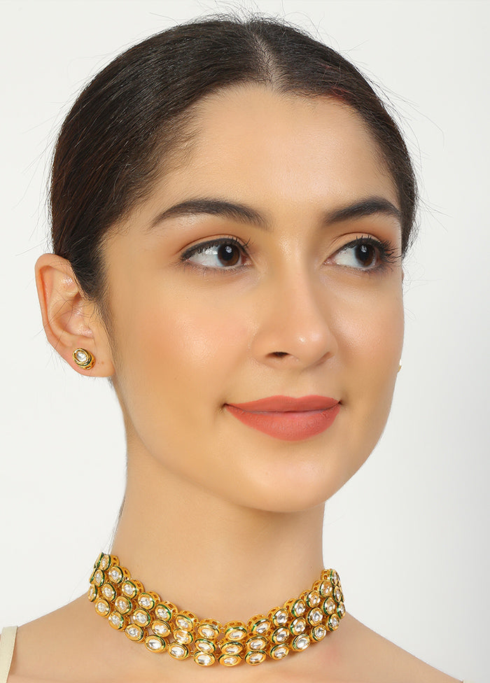 Golden Kundan Work Copper And Alloy Necklace With Earrings - Indian Silk House Agencies