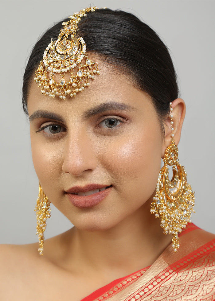 Golden Kundan Work Copper And Alloy Earrings With Mangtika - Indian Silk House Agencies