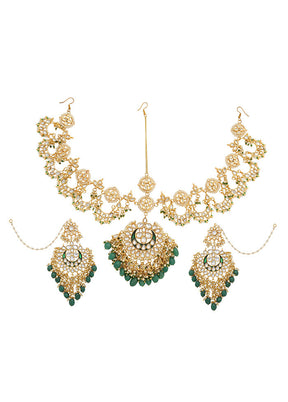 Green Kundan Work Copper And Alloy Mathapatti With Earrings - Indian Silk House Agencies