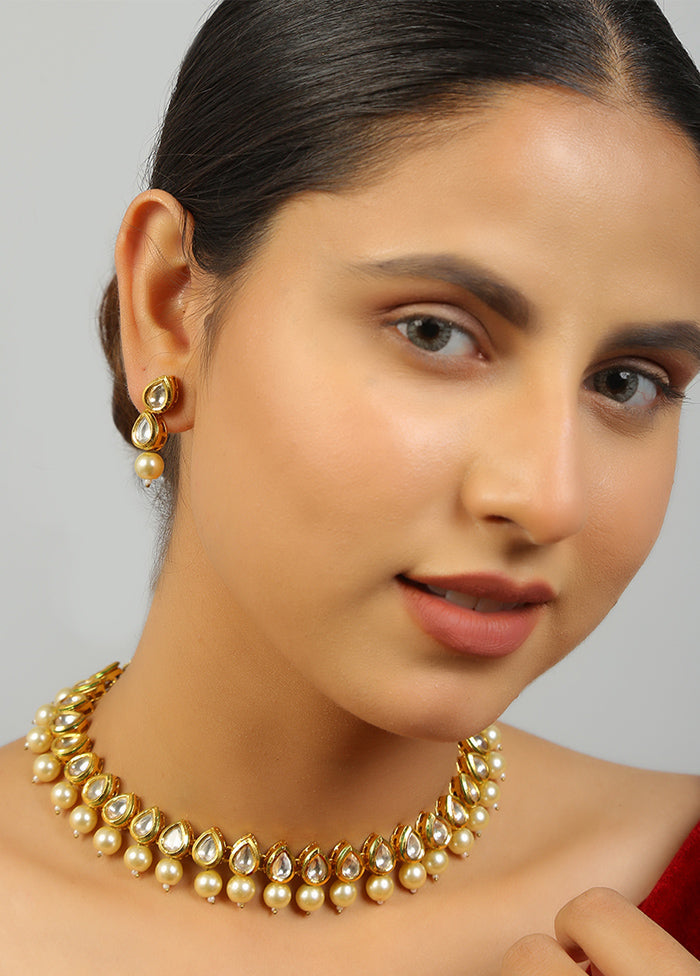 Golden Kundan Work Copper And Alloy Necklace With Earrings - Indian Silk House Agencies