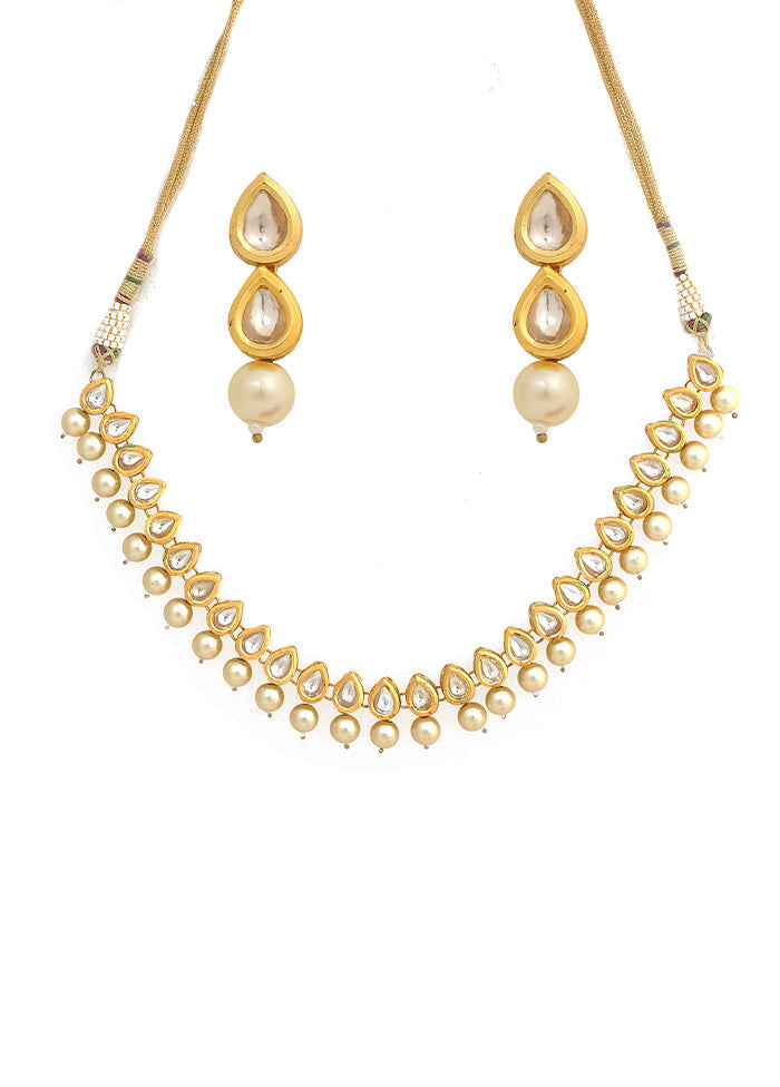 Golden Kundan Work Copper And Alloy Necklace With Earrings - Indian Silk House Agencies