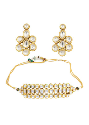 Golden Kundan Work Copper And Alloy Necklace With Earrings - Indian Silk House Agencies