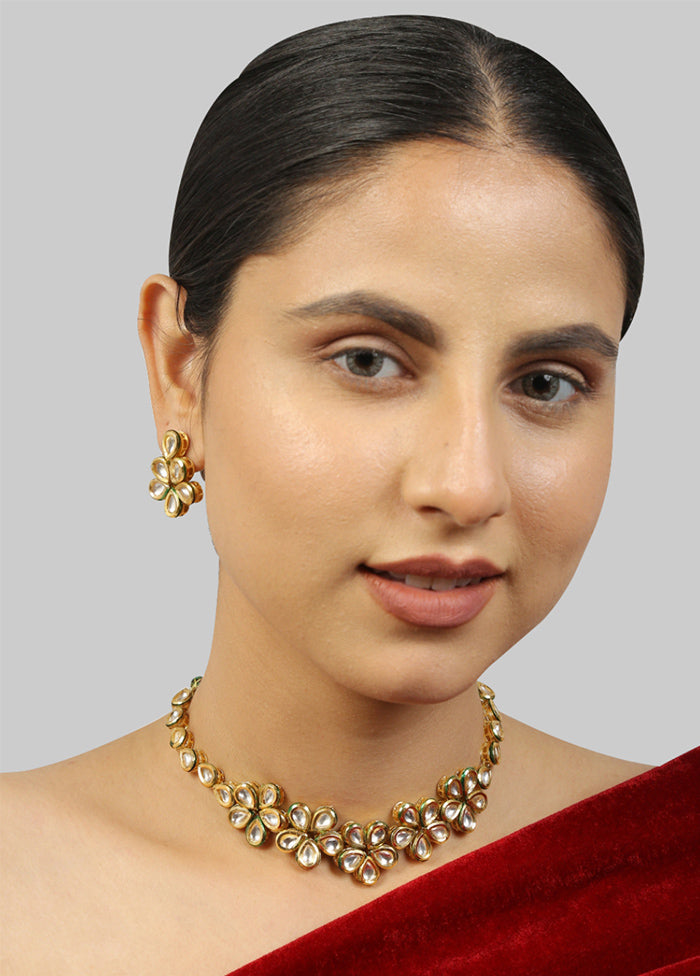 Golden Kundan Work Copper And Alloy Necklace With Earrings