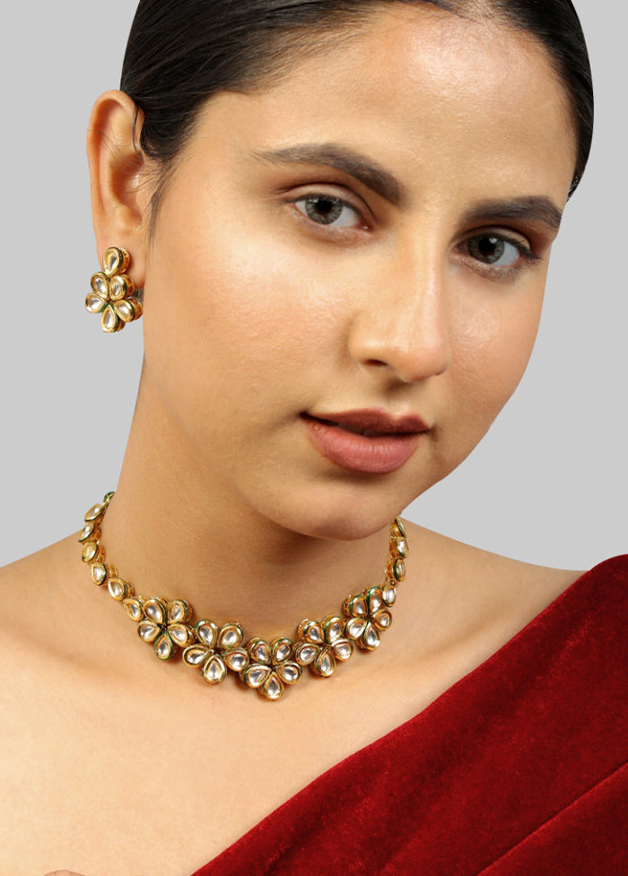 Golden Kundan Work Copper And Alloy Necklace With Earrings - Indian Silk House Agencies