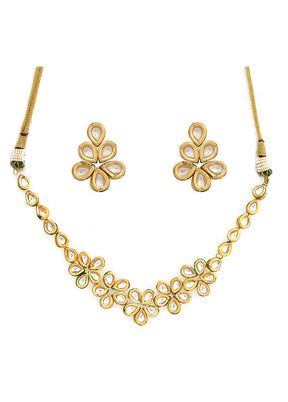 Golden Kundan Work Copper And Alloy Necklace With Earrings - Indian Silk House Agencies