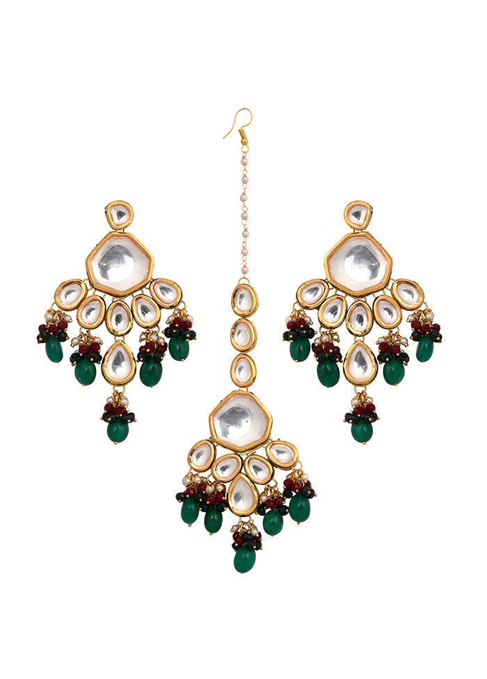 Emerald Beaded Kundan Mangtika With Earrings - Indian Silk House Agencies