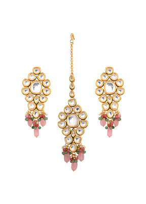 Pink Beaded Gold Tone Kundan Mangtika With Earrings - Indian Silk House Agencies