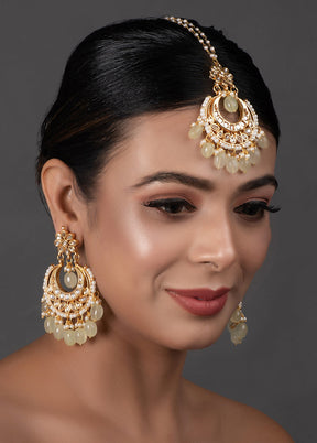 Cream Gold Toned Kundan Mangtika With Chandbali - Indian Silk House Agencies