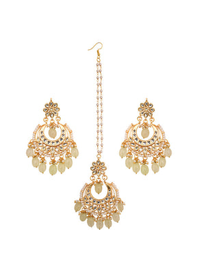 Cream Gold Toned Kundan Mangtika With Chandbali - Indian Silk House Agencies