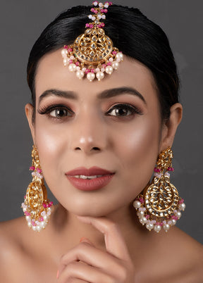 Pearl Pink Beaded Kundan Mangtika With Earrings - Indian Silk House Agencies