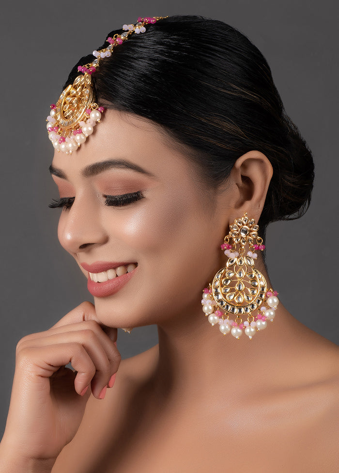 Pearl Pink Beaded Kundan Mangtika With Earrings - Indian Silk House Agencies