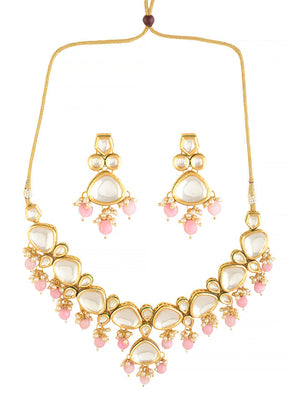 Pearl And Pink Beaded Gold Tone Kundan Inspired Necklace With Earrings - Indian Silk House Agencies