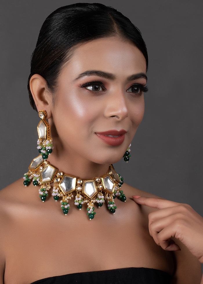 Green Gold Toned Handcrafted Kundan Necklace Set - Indian Silk House Agencies