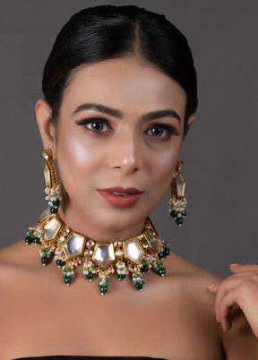 Green Gold Toned Handcrafted Kundan Necklace Set - Indian Silk House Agencies