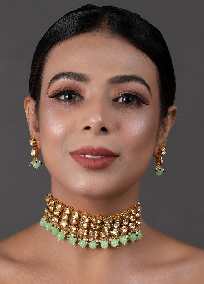 Pastel Green Gold Tone Kundan Beaded Choker Necklace With Earrings - Indian Silk House Agencies