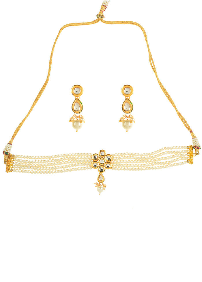 Pearl Beaded Kundan Floral Choker Necklace With Earrings - Indian Silk House Agencies