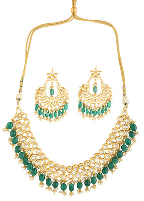 Emerald Beaded Gold Toned Kundan Embellished Necklace With Chandbali - Indian Silk House Agencies