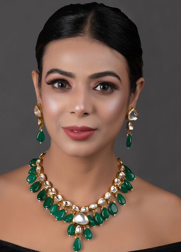 Emerald Beaded Gold Toned Kundan Inspired Necklace With Earrings - Indian Silk House Agencies