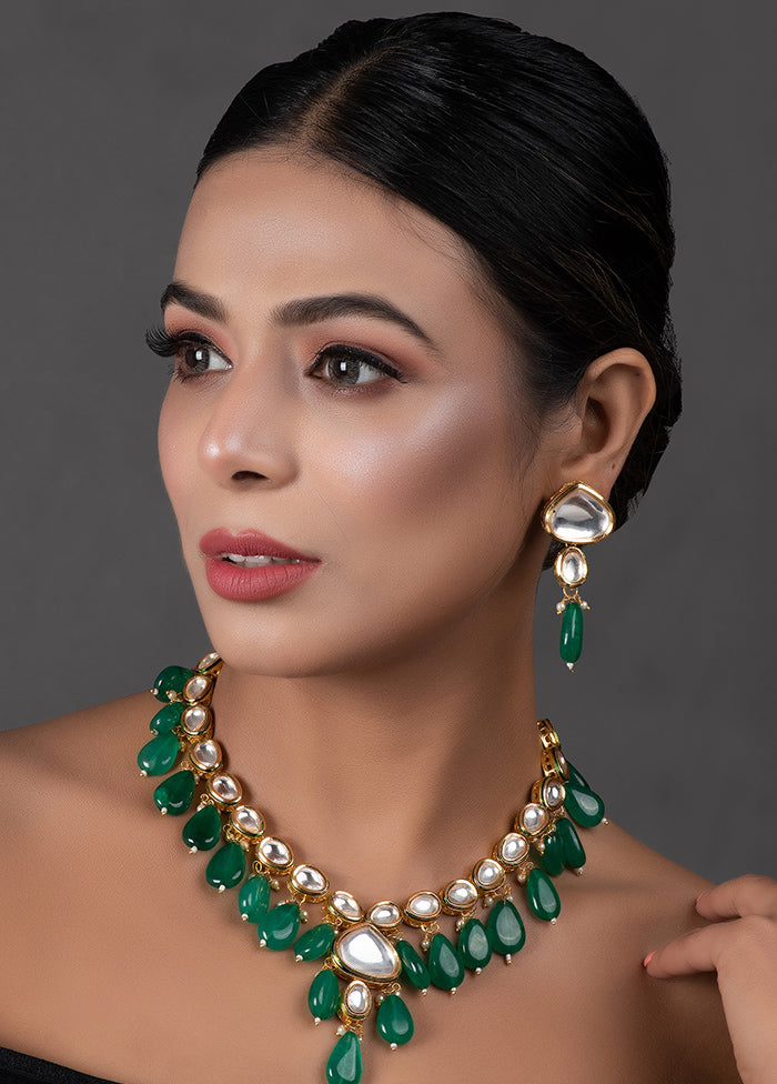 Emerald Beaded Gold Toned Kundan Inspired Necklace With Earrings - Indian Silk House Agencies