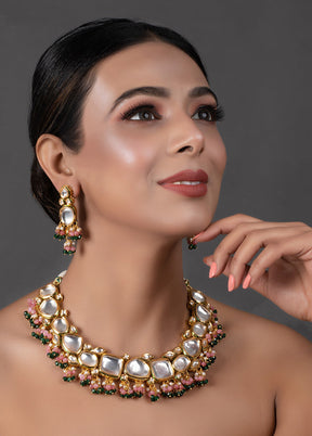 Pink Green Gold Tone Kundan Necklace With Earrings - Indian Silk House Agencies