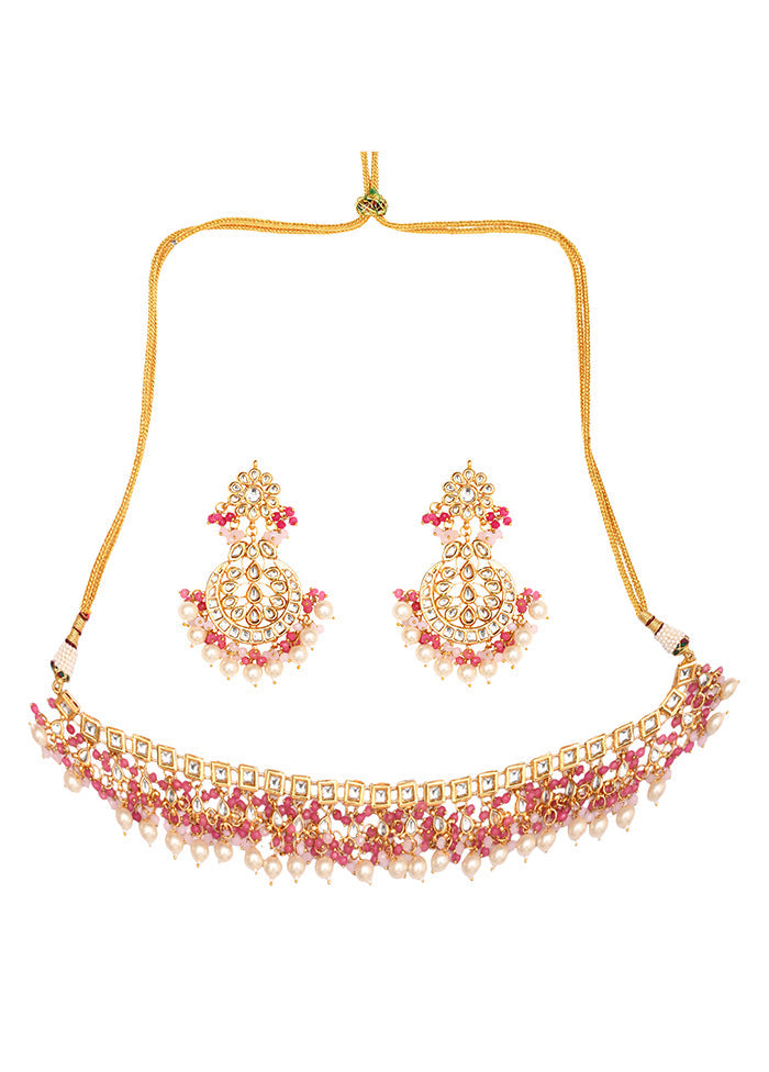 Pearl Pink Beaded Gold Tone Kundan Necklace Set - Indian Silk House Agencies