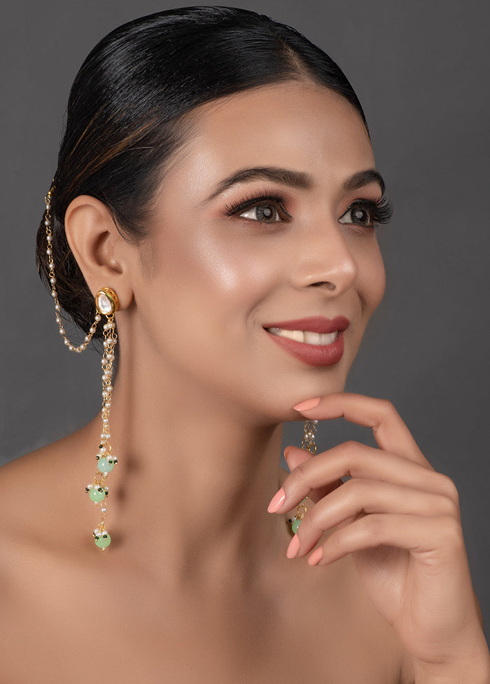 Gold Tone Kundan Inspired Pearl Tassel Earrings With Hair Chain - Indian Silk House Agencies