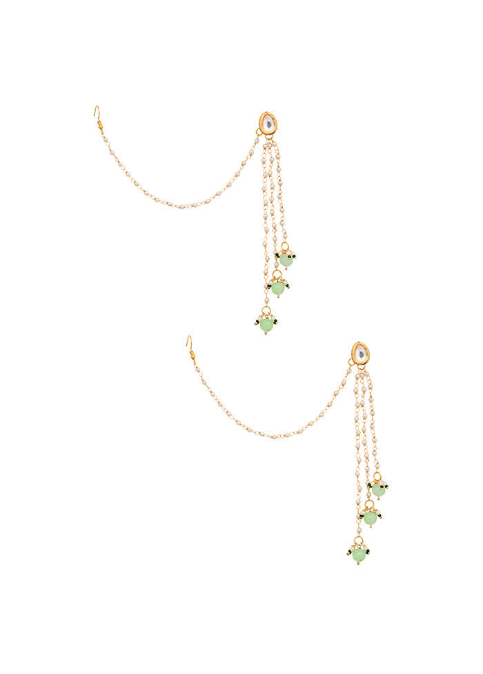 Gold Tone Kundan Inspired Pearl Tassel Earrings With Hair Chain - Indian Silk House Agencies