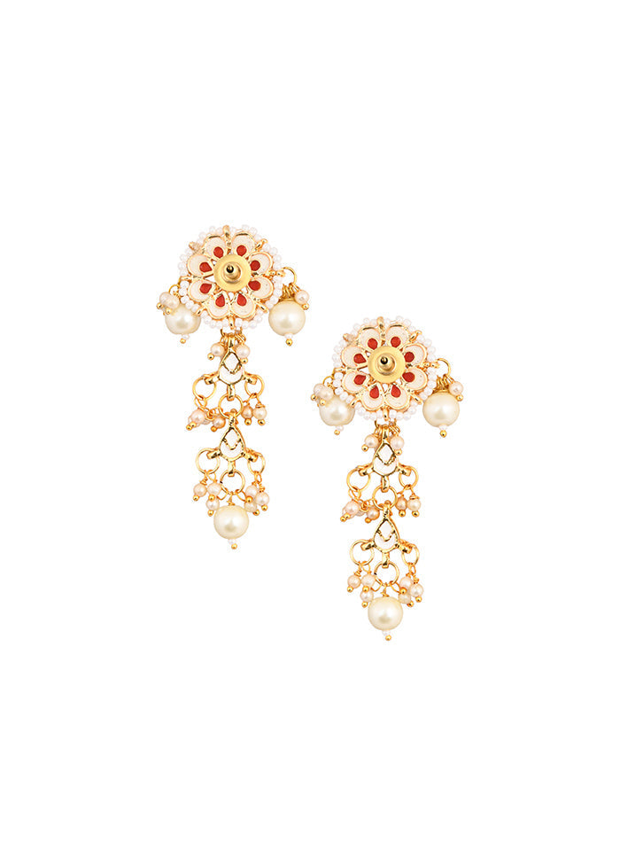 Gold Tone Pearl Beaded Kundan Contemporary Earrings - Indian Silk House Agencies