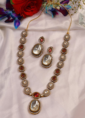 Gold Plated Ruby Pink Moissanite Polki Necklace Set - Indian Silk House Agencies