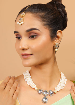 Pearl Beaded Kundan Polki Necklace With Earrings And Mangtika