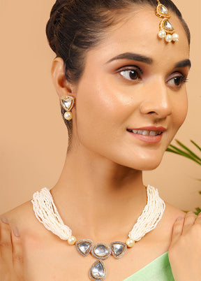 Pearl Beaded Kundan Polki Necklace With Earrings And Mangtika