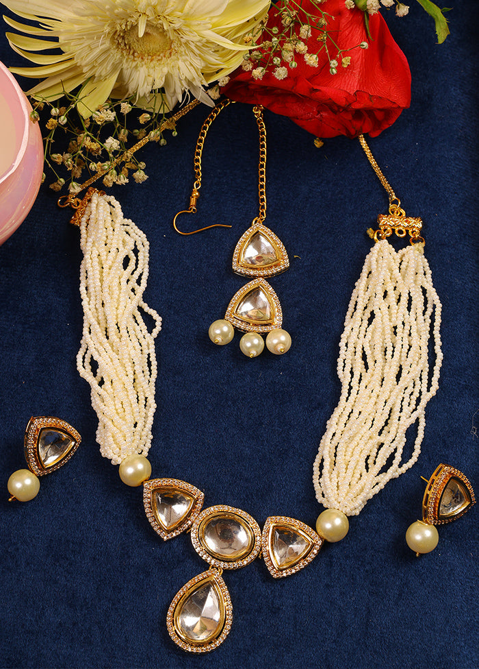 Pearl Beaded Kundan Polki Necklace With Earrings And Mangtika - Indian Silk House Agencies