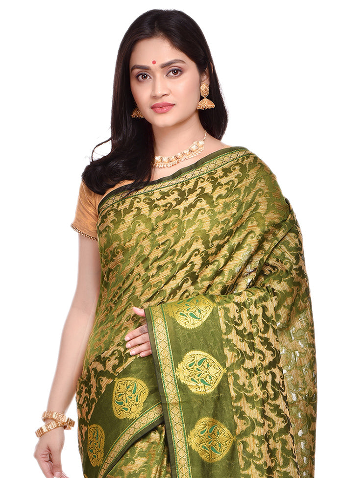 Green Cotton Saree With Blouse Piece - Indian Silk House Agencies