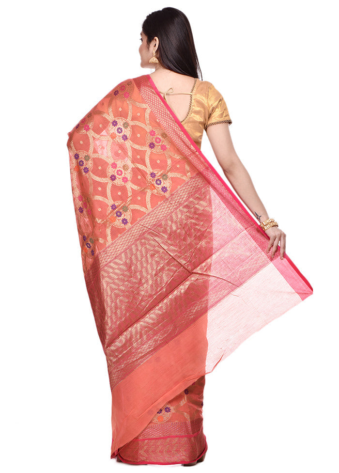 Peach Cotton Saree With Blouse Piece