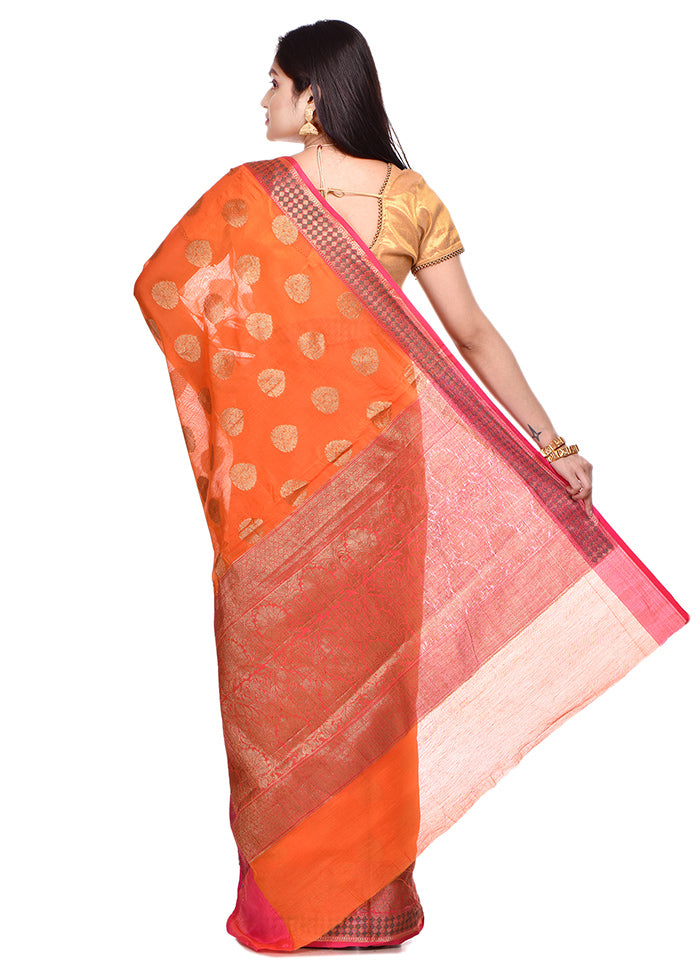 Orange Cotton Saree With Blouse Piece