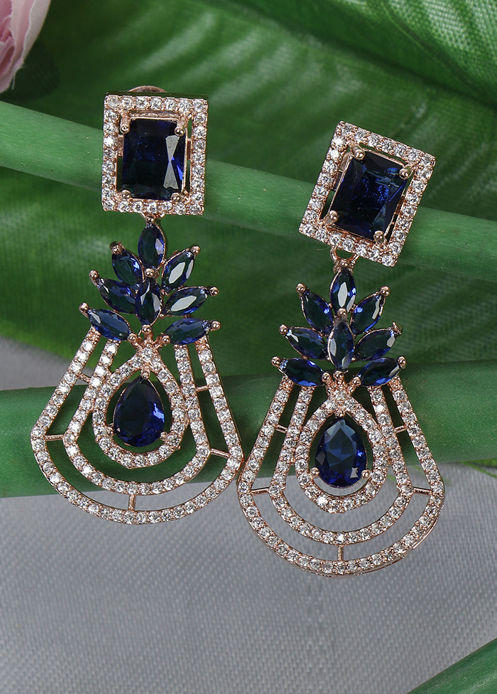 Rose Gold Plated Blue American Diamond Drop Earrings - Indian Silk House Agencies